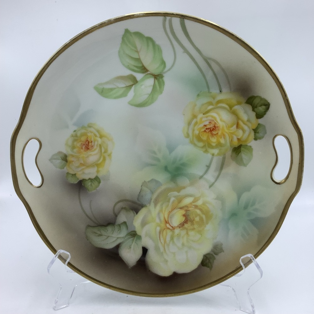 Vintage Prov Saxe ES Germany Yellow Roses Handled Cake Plate